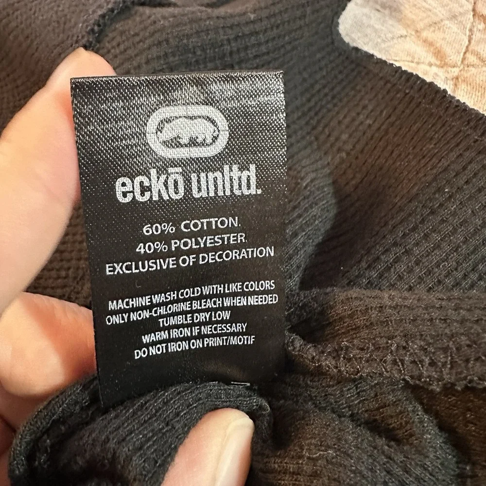Ecko Unltd Mens Small Black Waffle Knit Long Sleeve‎ Logo Y2K Streetwear